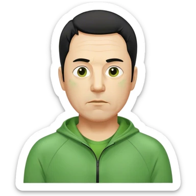 Kim is a middle-aged man, around 40 years old, green tracksuit.  His black hair, is unkempt and damp with sweat. sticker