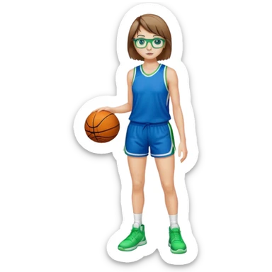 Full Body white Girl with basketball short short brown hair with blond highlights wearing blue glasses with green eyes sticker