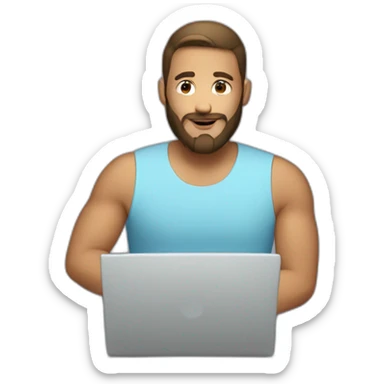 a white man with a bun and beard at a laptop sticker