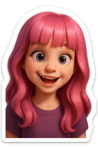 Redraw this character in a 3D Disney style with a mischievous, playful expression, keeping the pink hair, purple eyes, and freckles. Reference the original likeness. The style should reflect a vibrant, detailed 3D Disney animation look with expressive features and soft shading. sticker