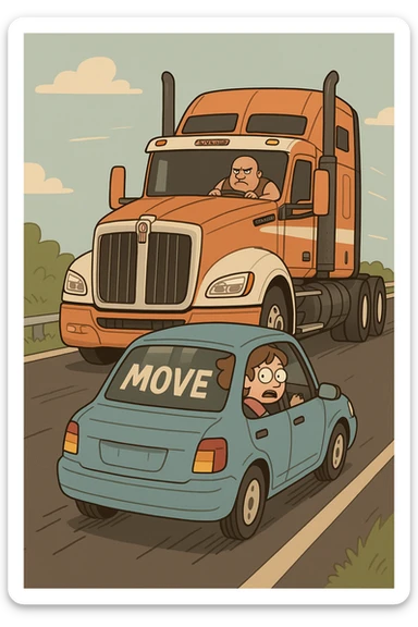 big semi sleeper truck Kenworth W680 2026 behind a small car with 'move' on its rear window, both vehicles on a road, lighthearted, dynamic, comic style sticker