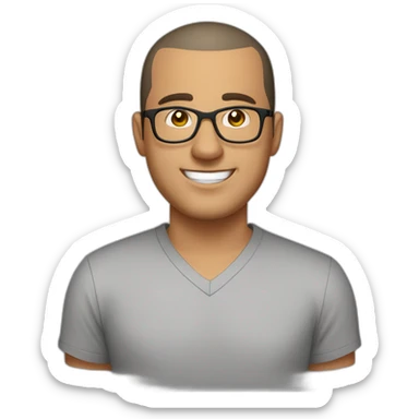 Late 30s man with buzz cut salt and pepper dark hair, thick frame glasses, with a round face and broad smile, medium nose, wearing a v-neck t-shirt sticker