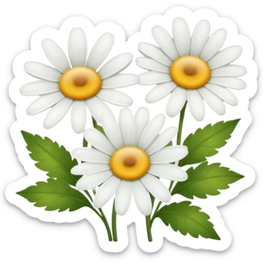 three white daisies with yellow centers and green leaves, cartoon style, soft rounded shapes, clean background sticker