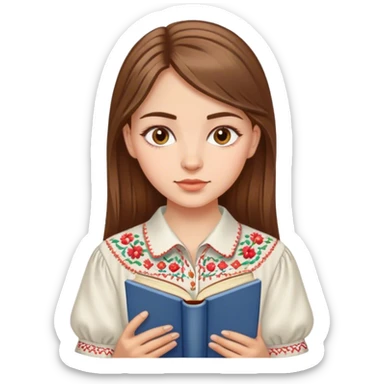 A Ukrainian girl with brown hair in an embroidered shirt reads a book sticker