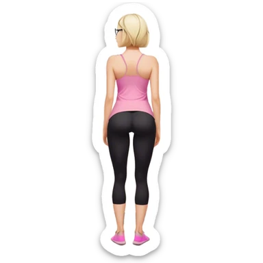 View from knees up, view from the back, fair skinned woman, thick milf, short blond hair, small reading glasses, cooking dinner in kitchen, pink loose tank top, showing natural B cup breast shape SFW, black yoga pants, large curvy booty sticker