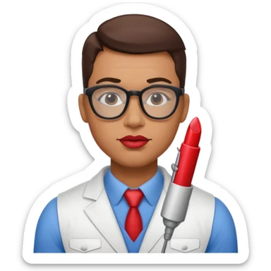 Hot engineer with lipstick kiss mark on cheek and muscles sticker