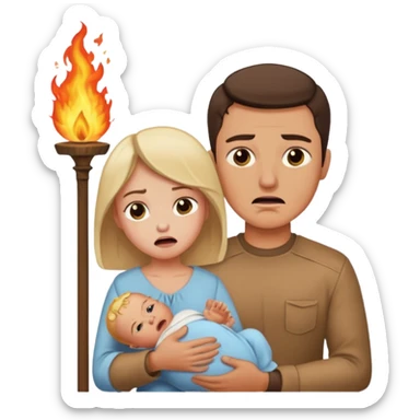  woman being burned in front of a very handsome man carrying a baby sticker