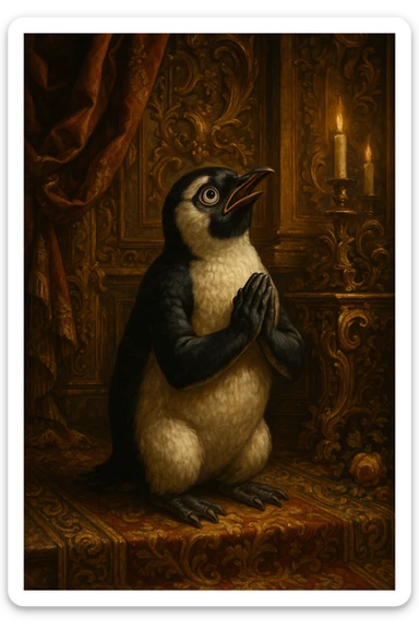 a dramatic penguin on its knees, flippers clasped together, eyes wide, begging and praying, in ornate baroque style, elaborate details, gold accents, dramatic lighting sticker