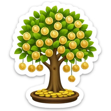 Apple-style money tree, round soft green canopy.
No pot, no ground — only the tree.
Small gold coins as fruits inside the leaves (not below).
Flat 2D vector, clean shapes, no gradients.
Dark near-black background, premium fintech icon. sticker