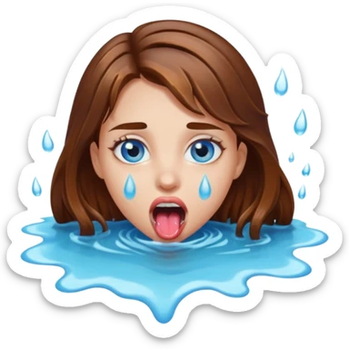 Girl with brown hair, blue eyes, a wet slimy face and her tongue out. Slimy water on her face, hair and tongue. Can you make the water more white color sticker