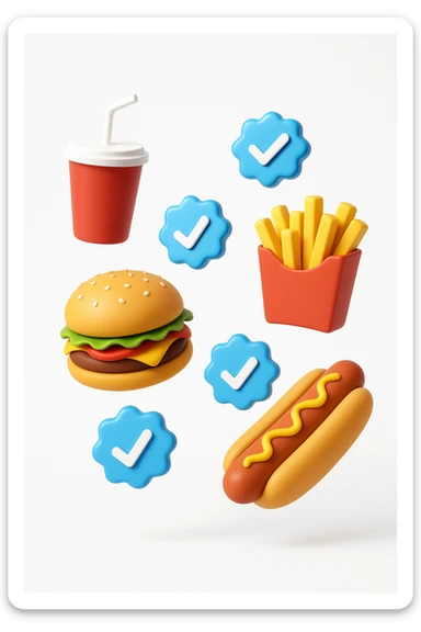 fast food fluttua in aria insieme a spunte di verificato in 3d, sfondo bianco sticker