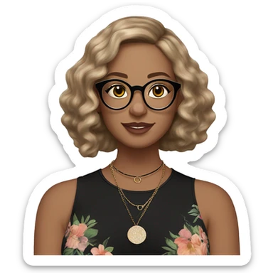 Woman with shoulder-length wavy dark blonde hair, fair complexion with freckles, cat eye makeup, wearing a black floral blouse, thin necklace with a round pendant, multiple rings, and bracelets. large glasses with thin frame sticker