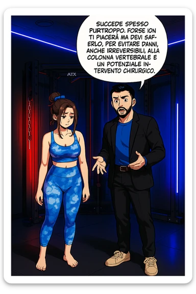 fai questa immagine in versione manga/webtoon a colori, il manga mostra l'uomo che risponde alla donne:
Succede spesso purtroppo. 
Forse non ti piacerà ma devi saperlo, per evitare danni, anche irreversibili, alla colonna vertebrale e un potenziale intervento chirurgico. sticker