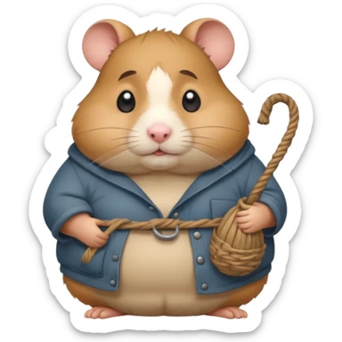 Fat cartoon-style hamster hobo carrying a bindle over its shoulder with a sad expression. sticker