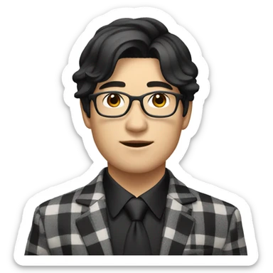 Asian guy with korean black hairstyle wearing black checkered suit sticker