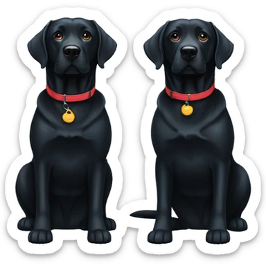 2 black labradors. one on left is smaller with a light blue collar. dog on right with red collar. sticker