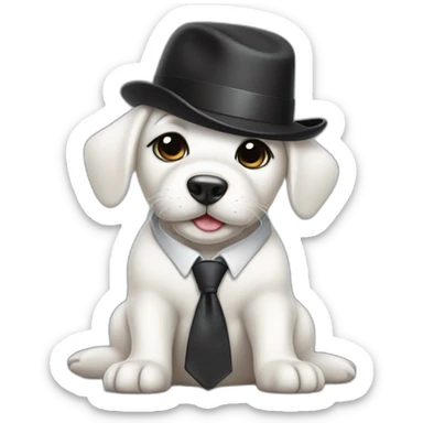 White puppy seal naked just wearing tie and small black hat and with briefcase sticker