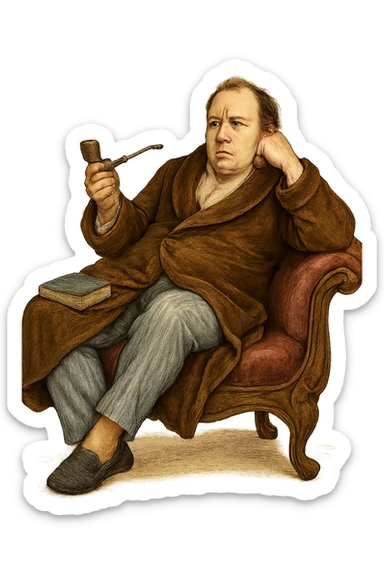 Герой Обломова в слегка рисованном, но при этом реалистичном и объемный стиле,  со слегка растерянным видом в дорогом халате развалился на дорогой кушетке 19 века, прозрачный фон sticker