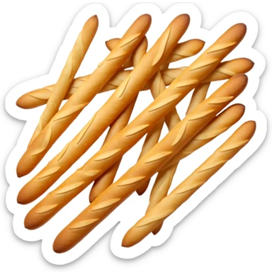 loose cluster of thin crunchy breadsticks with golden-brown slightly blistered surface and subtle curves, straight or slightly uneven sticks, crisp dry textures, rustic baked look, no packaging, no dip, no extras, soft lighting, subtle shadows, emoji scale sticker