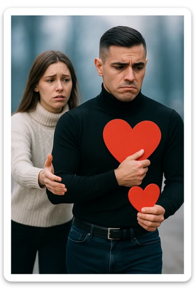 un uomo italiano in abiti casual si allontana da una donna che cerca di abbracciarlo. Lui stringe al petto un grande cuore rosso, mentre lei ne tiene uno più piccolo; entrambi hanno espressioni tristi, e la distanza emotiva è sottolineata da uno sfondo sfocato e freddo. sticker