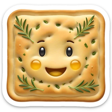 Cinematic Realistic Focaccia Bread Dish Emoji, depicted as a golden, olive oil brushed flatbread sprinkled with herbs rendered with lifelike texture and soft, appetizing lighting. sticker