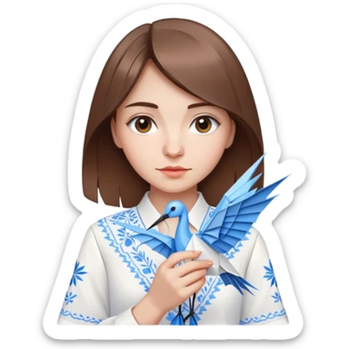 A Ukrainian young girl with brown hair wearing a white embroidered shirt holds an origami blue crane sticker