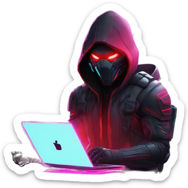 developer behind his laptop with this style : crysis Cyberpunk Riot Games Valorant neon glowing bright red character red dark black hooded assassin themed character sticker