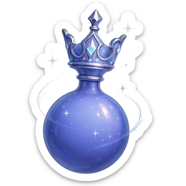 galutinis itin prabangus mažas eliksyro buteliukas, įkvėptas karūnos formos viršuje, spalva #7986cb, apačia sklandžiai pereina į apvalų, uždarą buteliuką (ne plokščia, ne stiklinė), visas buteliukas atrodo tarsi sklandytų ir suktųsi ore, elegantiškos sidabrinės ir holografinės detalės, magiški švytėjimai ir blizgesiai, labai mažas kaklelis, vientisa apvali apačia, skaidrus fonas, be pagrindo ar šešėlio, modernus, kolekcijai tinkamas stilius sticker