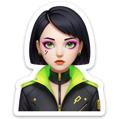 Cyberpunk woman, sleek black bob, gold neck cyberware, sharp eyeliner, high-collar designer jacket, neon lighting sticker
