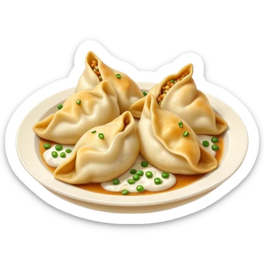 Cinematic Realistic Pierogi Dish Emoji, depicted as tender dumplings filled with savory ingredients rendered with lifelike textures and warm, inviting lighting. sticker