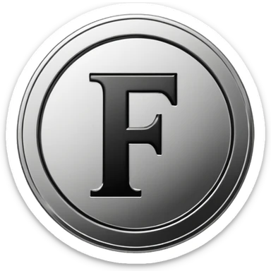 Emoji icon of a metal coin with engraved letter F, minimalist style, isolated, only black color sticker