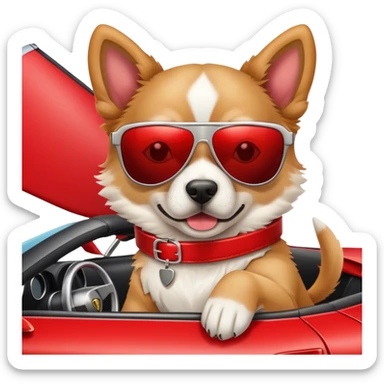 Dog wearing sunglasses in a Lamborghini with two guns sticker