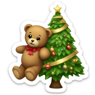 teddy bear decorating a Christmas tree sticker