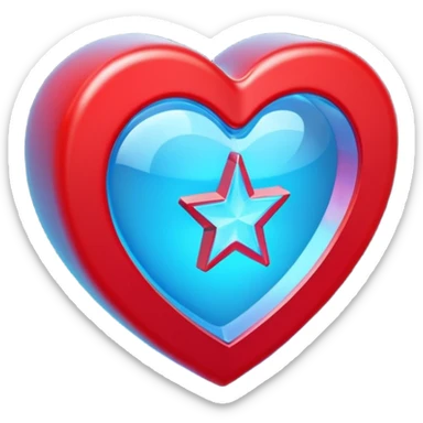 A blocky holographic red 3D heart with a bright blue star inside sticker