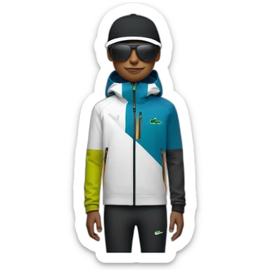Un garçon blanc qui porte das lunettes de ski, il a les cheveux noirs, un survetement de lacoste et une casquette nike sticker
