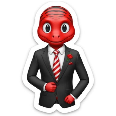A reptilian humanoid dressing a suit, striped red and white tie, human emoji style, his face is seriously and sarcastic sticker