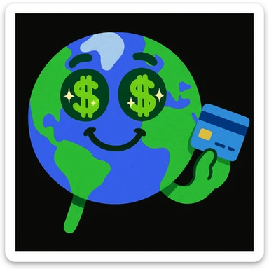 Make the earth character more catchy and cute with big sparkling cash eyes and a happy expression. Add a hand holding a bank card. Keep the style playful and appealing, similar to the original image style. sticker