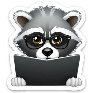 racoon wearing glasses and a white tee working on a black laptop sticker
