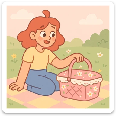 pink cottagecore picnic basket with lace and flowers, gentle pastel tones, cozy and inviting sticker