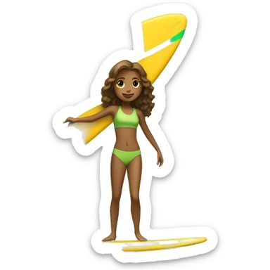 light brown girl surfing green yellow surf board sticker