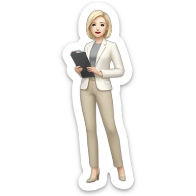 Full height pale skin woman with ash blonde Straightened bob Hair, White classical jacket, beige Arrow pants and gray blouse holding a color palette in the hands sticker