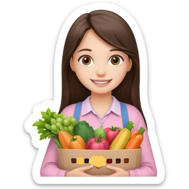 smiling long brunette hair girl hazel eyes wearing light pink clothes holding groceries sticker