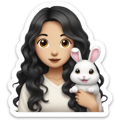 Asian girl with long black wavy hair with cute bunny sticker