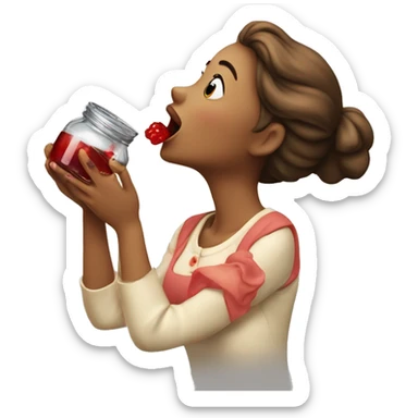 A lady licking the last drop of jam from a jar sticker