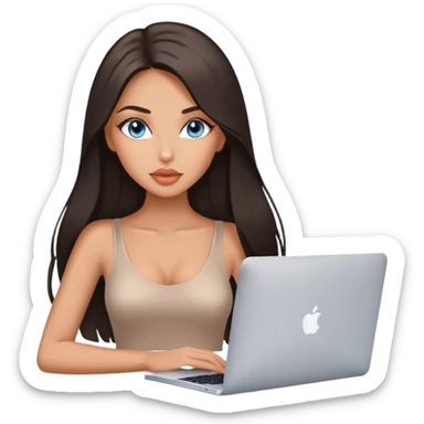 Glamours tanned very beautiful girl with pump peach nude lips and dark chocolate straight smooth long hair, blue-grey eyes with MacBook sticker