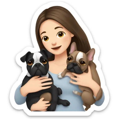 brunette girl cuddling two french bulldogs  sticker