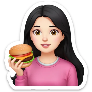 White girl in pink clothes and long black hair eating burger and pizza sticker