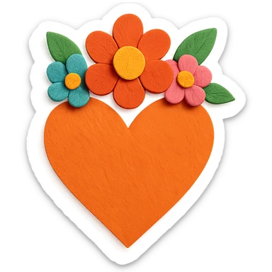 an orange heart with a crown of colorful flowers, paper craft style, layered paper look sticker