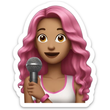 woman with long brown hair and pink highlights, with a microphone singing sticker