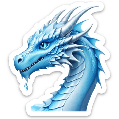 Cinematic Noble wise elegant Ice Dragon Portrait Emoji, Poised and imposing, distinct long elegant snout, with a slender, scaled body shimmering in glacial hues of icy blue, frostbitten silver, and crystalline white, breathing out frost, with piercing, glowing ice blue white eyes that radiate the chilling depths of an arctic storm; rendered in detail. excuding wisdom sticker